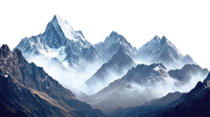 "A dramatic scene of rugged mountains with snow-capped peaks, isolated on a transparent background."