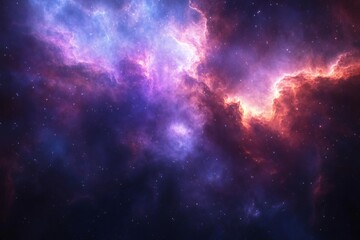 Naklejka premium Nebula's Embrace: A breathtaking cosmic panorama, painting a vibrant portrait of swirling nebulae, awash in celestial hues of deep purple, fiery orange, and sparkling stardust.