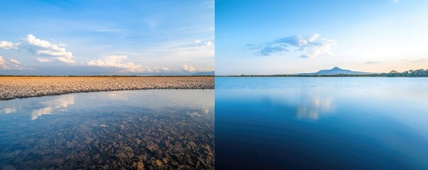 Climate Change drought concept. Stunning dual landscape showcasing serene water reflections and vast skies.