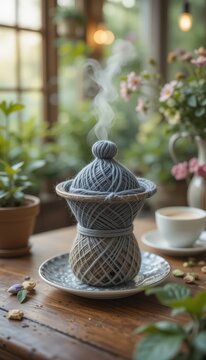 Steaming Ball of Yarn on Wooden Table with Flowers and Tea