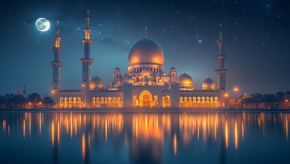 Fototapeta premium Majestic Illuminated Mosque Reflecting in Water at Night