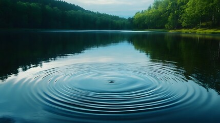 A tranquil lake reflecting nature's beauty, with ripples expanding across the serene surface. Perfect for relaxation and peace.