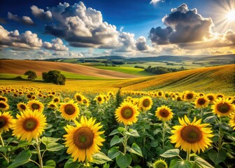 Obraz premium Sun-drenched sunflowers paint the rolling hills, a golden summer landscape.
