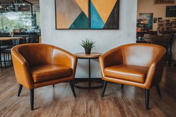 Two Brown Leather Armchairs with Black Legs in a Modern Interior