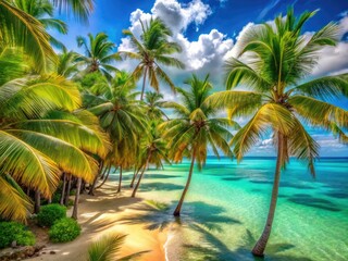 Obraz premium Surreal tropical beach: sunny coconuts, idyllic summer paradise, dreamy escape awaits.