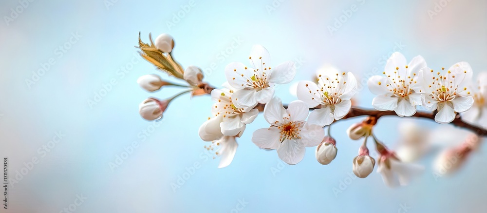 Poster close-up of cherry tree blossoms showcasing delicate white flowers and buds on a branch against a so