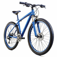 A modern mountain bicycle with 29-inch wheels, featuring a sleek blue frame,