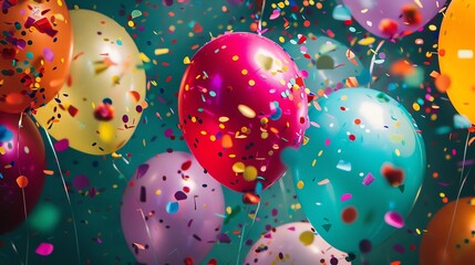 A cluster of colorful balloons and confetti against a blue background.