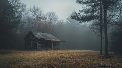 small rustic cabin is barely visible through thick fog in forest