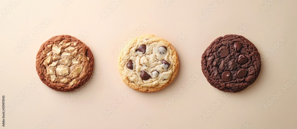 Poster assorted cookies on beige background featuring chocolate chip on left oatmeal raisin in center and d