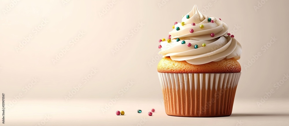 Poster colorful birthday cupcake topped with swirls of frosting and pastel sprinkles positioned on a light 