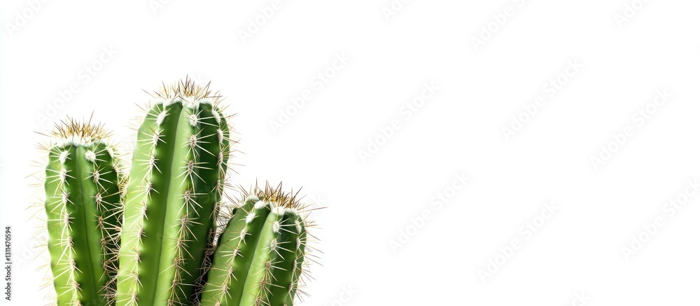 Poster green cactus with spines positioned on the left against a bright white background highlighting its t