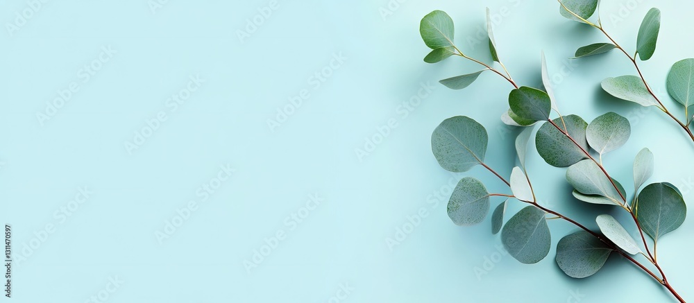 Poster eucalyptus branch on light blue background minimalist flat lay design ideal for eco cosmetics copy s