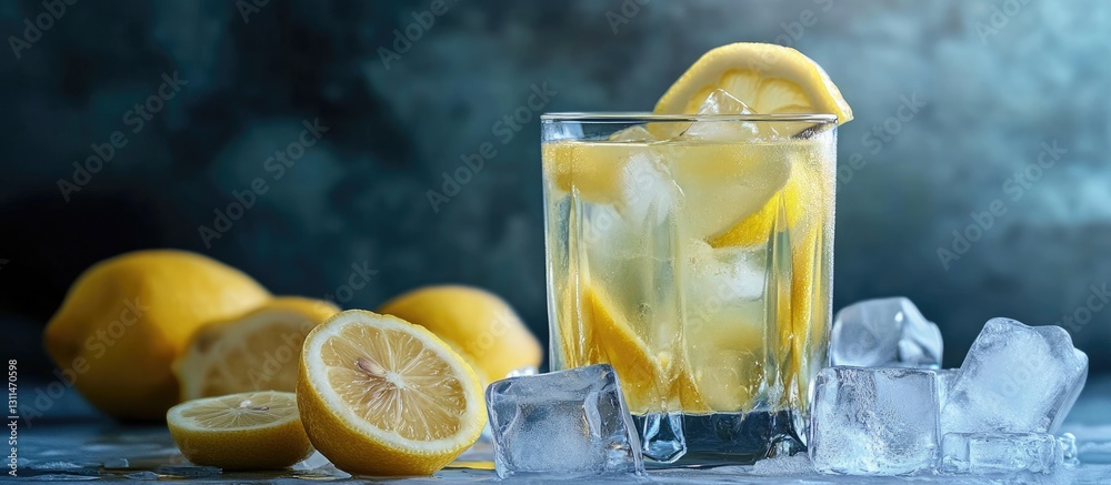 Poster Refreshing glass of lemonade filled with ice cubes and lemon slices on a blue background with fresh lemons in the foreground and copy space.