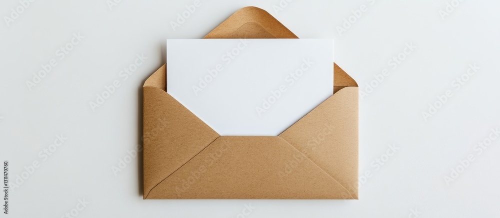 Aufkleber Horizontal mockup of a blank white greeting card inside an open light brown paper envelope top view with a soft white background and clear edges.