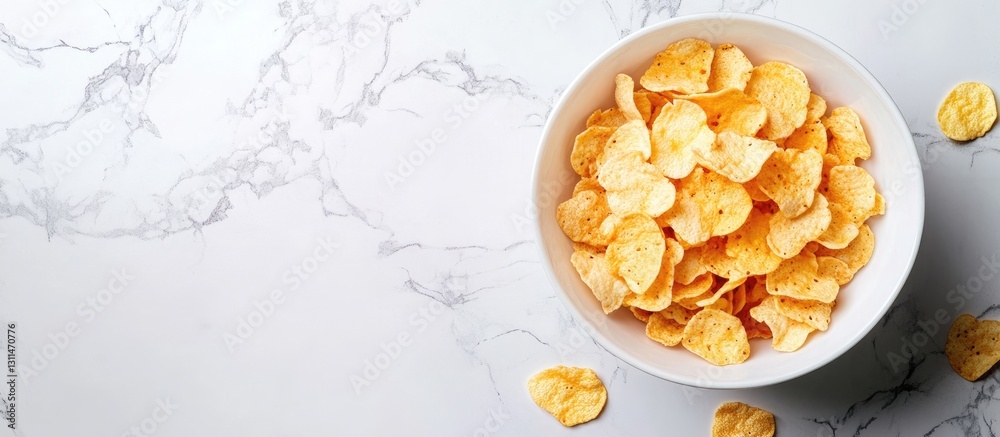 Poster bowl of crispy cornflakes on a white marble countertop with scattered flakes around, featuring a sof