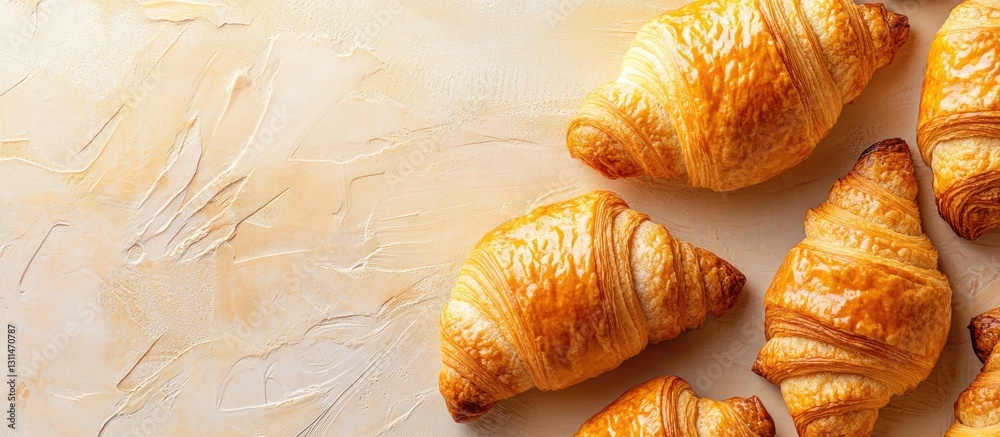 Poster golden baked croissants arranged on a textured beige background with soft highlights showcasing thei