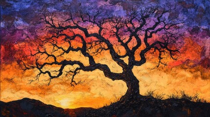 A silhouetted tree against a vibrant sunset sky, showcasing nature's beauty and tranquility.