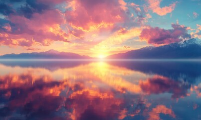 Fototapeta premium Vibrant sunset over serene lake reflecting colorful clouds and distant mountains