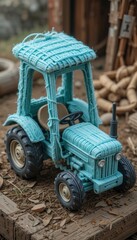 Obraz premium Adorable Miniature Blue Tractor Crafted from Yarn Rustic Outdoor Setting