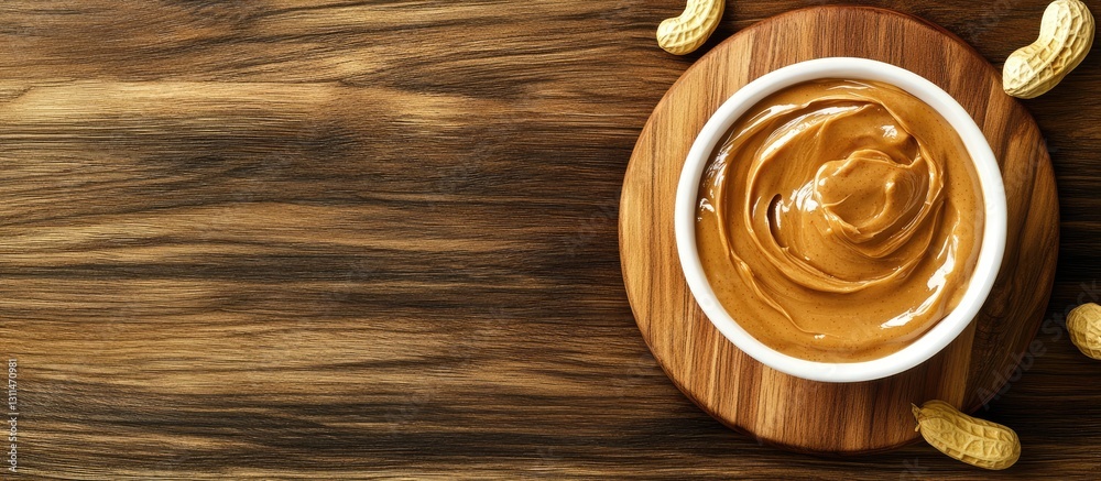 Poster creamy peanut butter in a white bowl on a round wooden board with scattered peanuts on a rustic wood