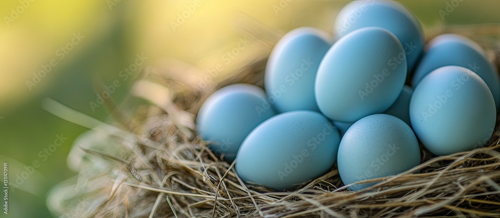 Poster Blue eggs arranged in a hay nest with a blurred green background providing ample copy space, focusing on the smooth textures and gentle colors.