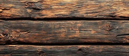 Weathered wooden planks with deep brown and black tones textured surface exhibiting peeling details on a rustic backdrop arranged horizontally.