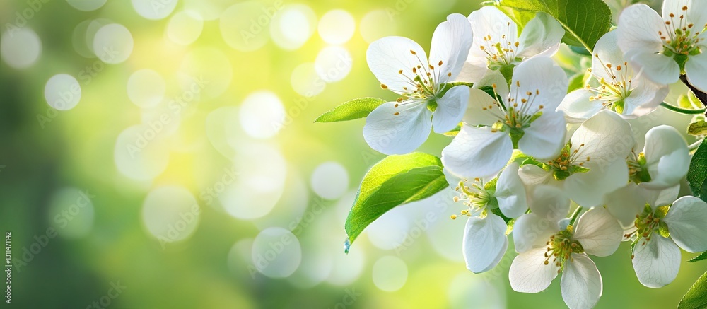 Fototapete delicate white apple tree blossoms on the right against a soft blurred green background with bokeh e