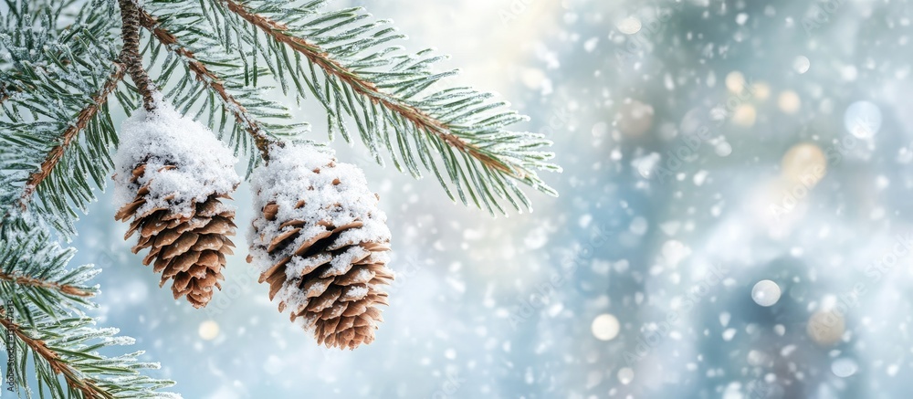 Aufkleber snow-covered spruce cones hanging from green branches against a soft-focus snowy background with bok
