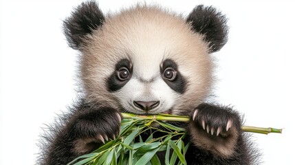 Obraz premium Panda calmly eating bamboo in a natural habitat with lush greenery surrounding it