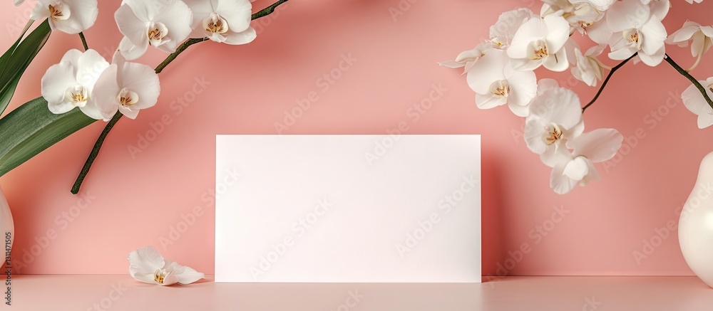 Poster pastel pink backdrop with white orchids and a blank horizontal card centered, ideal for wedding or s