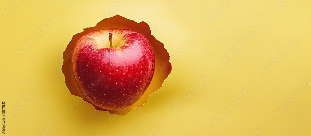 Poster red and green apple emerging from yellow background hole showcasing fruits vitamins with copy space 