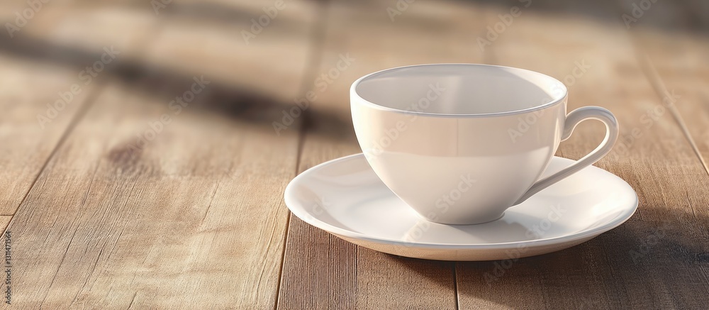 Poster empty white ceramic coffee cup on a round white saucer positioned on a warm wooden table, illuminate
