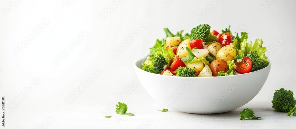 Aufkleber freshly prepared broccoli and potato salad in a white bowl with vibrant lettuce and cherry tomatoes 