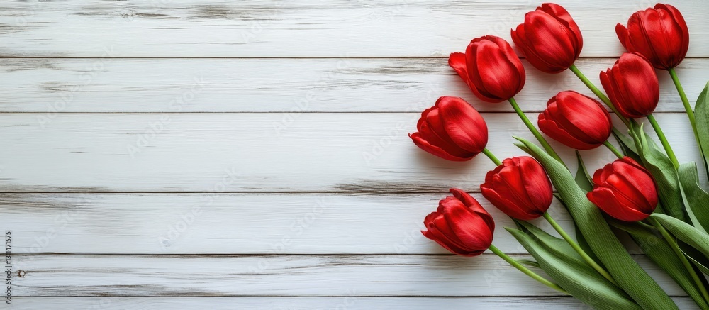 Poster vibrant red tulips arranged in a semi-circle on a light wooden background with ample copyspace ideal