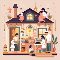 A cozy family Eid gathering in a tiny home, with children playing and parents preparing food, illustrated in a warm and pastel flat design