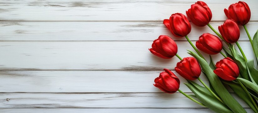 Vibrant red tulips arranged in a semi-circle on a light wooden background with ample copyspace ideal for Mother's Day or Valentine's Day promotions