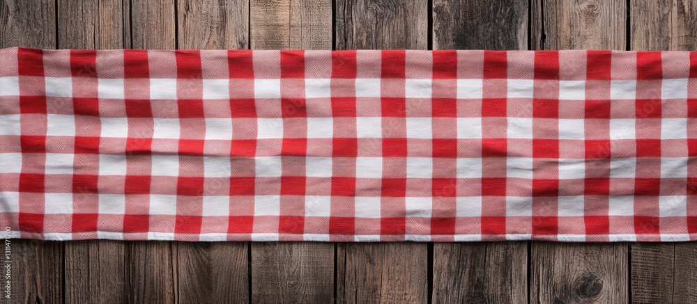 Aufkleber red and white checkered tablecloth laid flat on a rustic wooden table creating a warm and inviting a