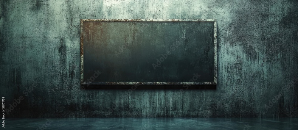 Poster Dark grunge backdrop with weathered texture centered on the wall featuring an empty vintage lightbox frame at eye level showcasing muted tones