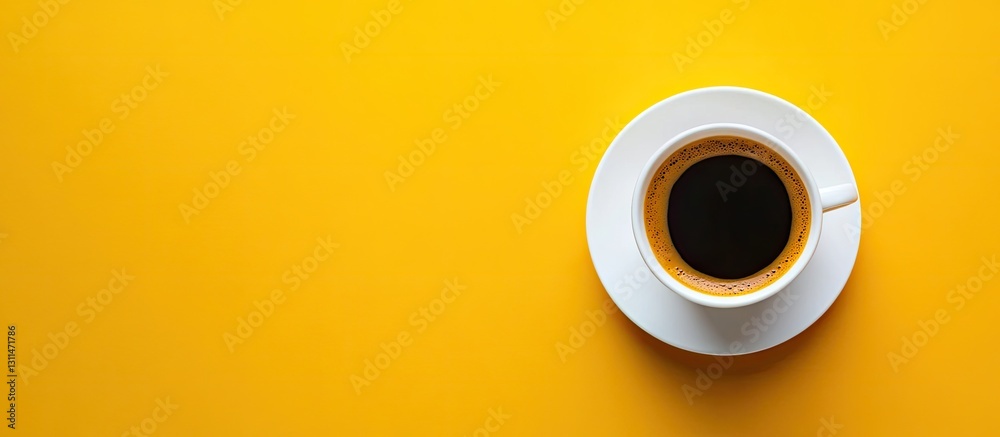 Poster Aromatic black coffee in a white cup centered on a vibrant yellow background with negative space for text on the right side of the image