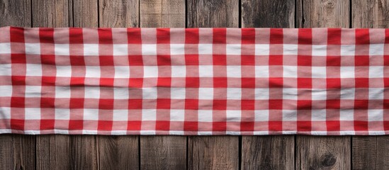 Red and white checkered tablecloth laid flat on a rustic wooden table creating a warm and inviting ambiance with linear patterns and textures.