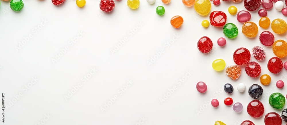 Poster colorful assorted candies scattered artistically along the left side of a bright white background cr