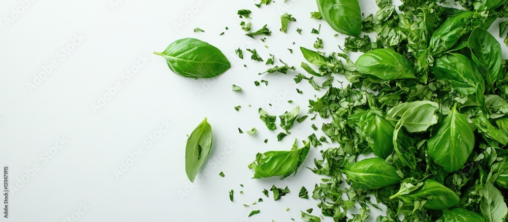 Poster Chopped fresh basil leaves scattered on a white background with vibrant green tones creating a natural texture and ample space for text or design elements
