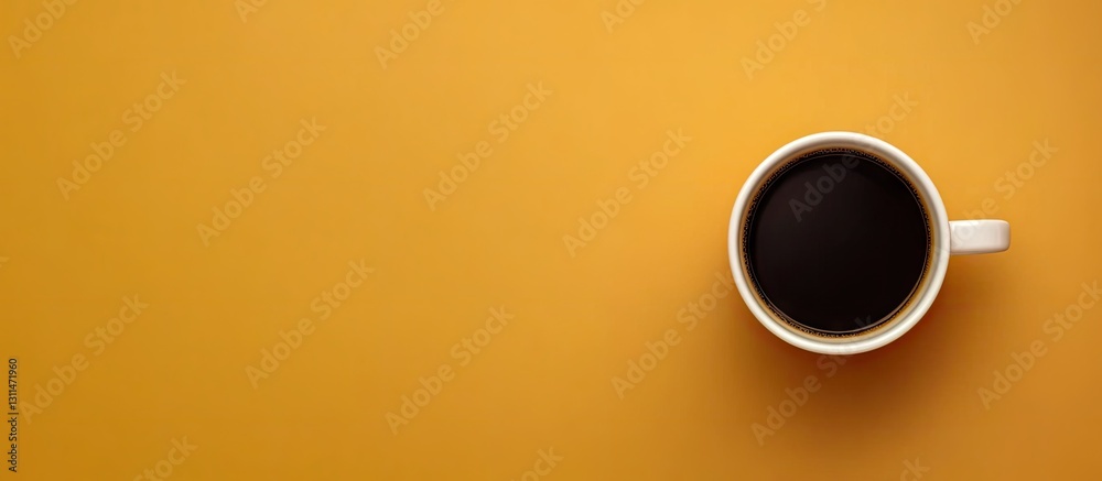 Poster Top view of a brown coffee cup filled with black coffee centered on a warm yellow background with ample copy space for text and design elements