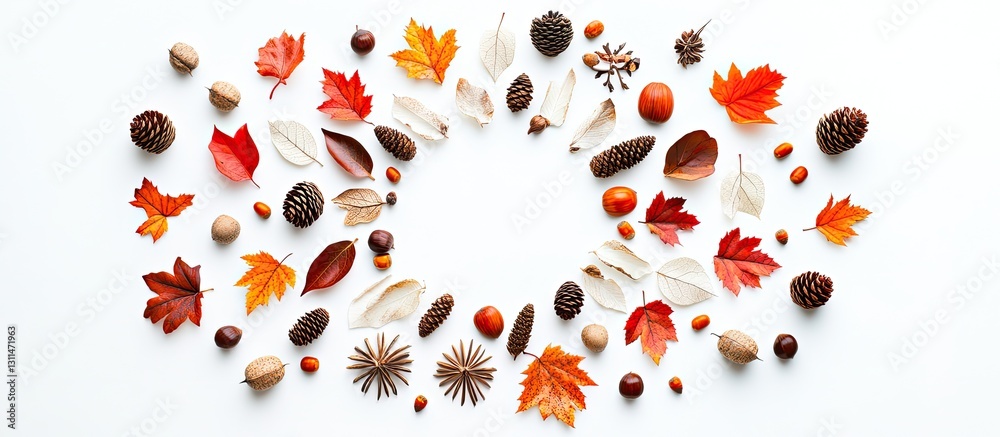 Poster Autumn mandala arrangement of orange and red leaves acorns and pine cones on white background circular layout with empty center for text
