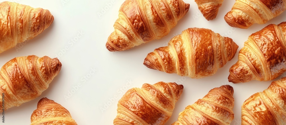 Poster Golden baked croissants arranged artfully on a neutral background showcasing flaky layers with a glossy finish highlighting appetizing texture.