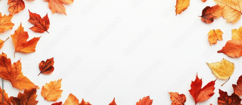 Poster Autumn leaves border in shades of orange and red arranged on a white background creating ample copyspace for seasonal promotions and discounts