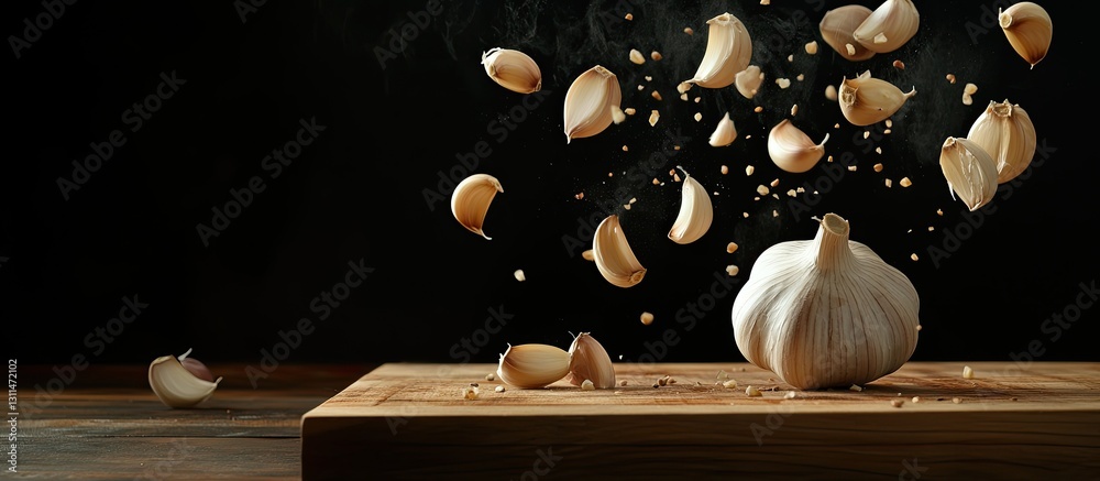 Poster cluster of garlic bulbs and cloves on a wooden chopping board with black background cloves floating 