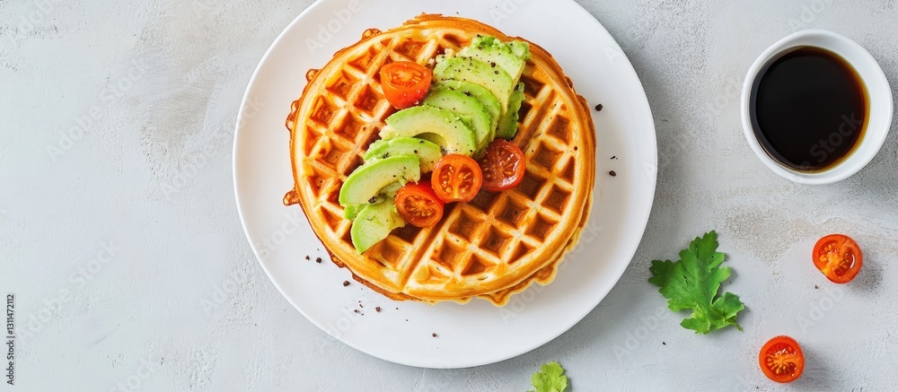 Poster Belgian waffles topped with sliced avocado and cherry tomatoes on a white plate against a light gray background with coffee and fresh herbs overhead view