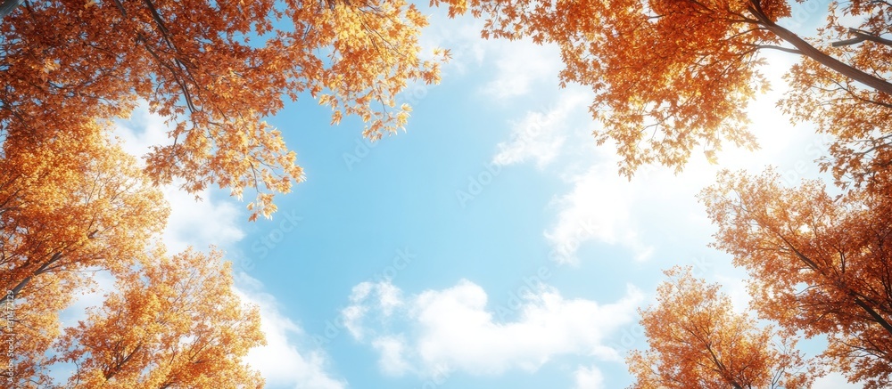 Aufkleber vibrant autumn maple tree crowns in soft focus framing a clear blue sky with fluffy clouds, bright o